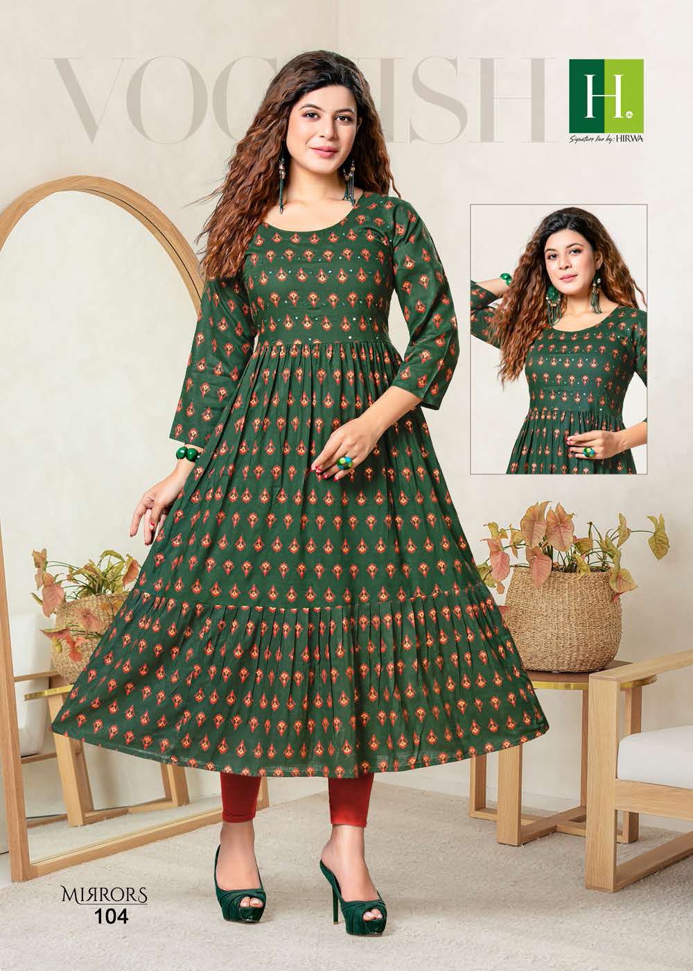Hirwa Mirrors Heavy Rayon Printed Ethnic Wear Anarkali Kurti Collection